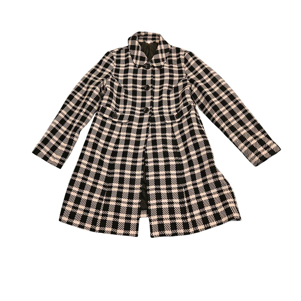 Apt 9 Black White Plaid Coat Womens Large Button Front Wool Blend Peacoat